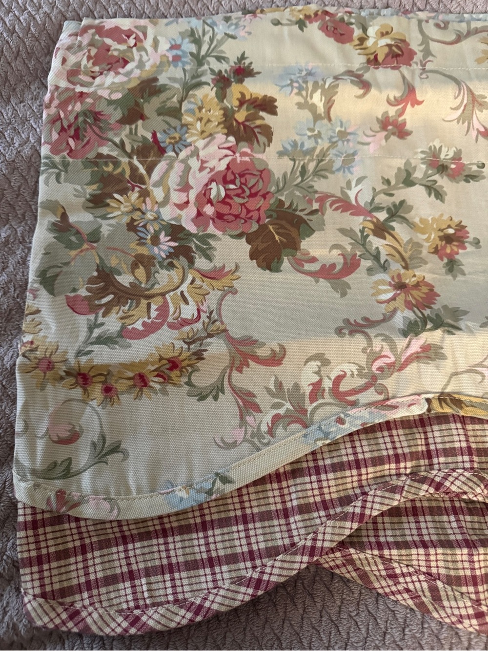 American Living Cream and Red Floral Window Valance with Plaid Trim
